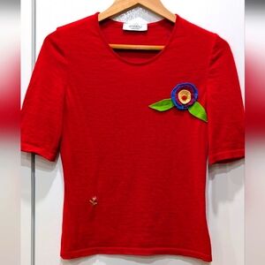 Stizzoli Red Fitted Embellished Short Sleeve Tee 100% Lana Wool- Women's Small